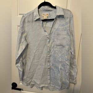 C & C Women’s Button Up Linen Shirt - Large - Blue & White Pattern Stripes